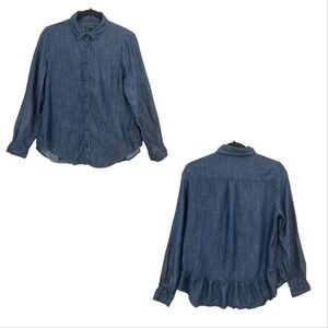 Banana Republic Shirt Womens Size S Chambray Ruffle Peplum‎ Boyfriend Top Blouse